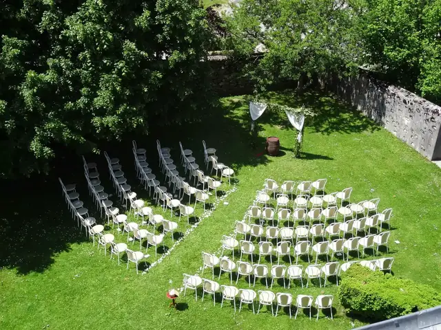Jardin du château vu du ciel, chaises blanches disposées en arc de cercle sur la pelouse