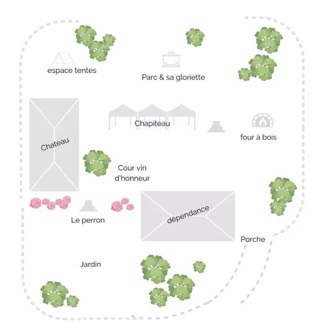 Plan du domaine : le château, la cour du vin d’honneur, le chapiteau, la dépendance, le parc et sa gloriette, le jardin, le porche d’entrée et l’espace tentes